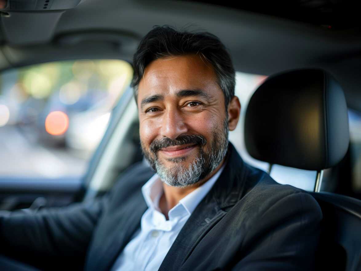 Conductor profesional sonriendo dentro de su vehiculo